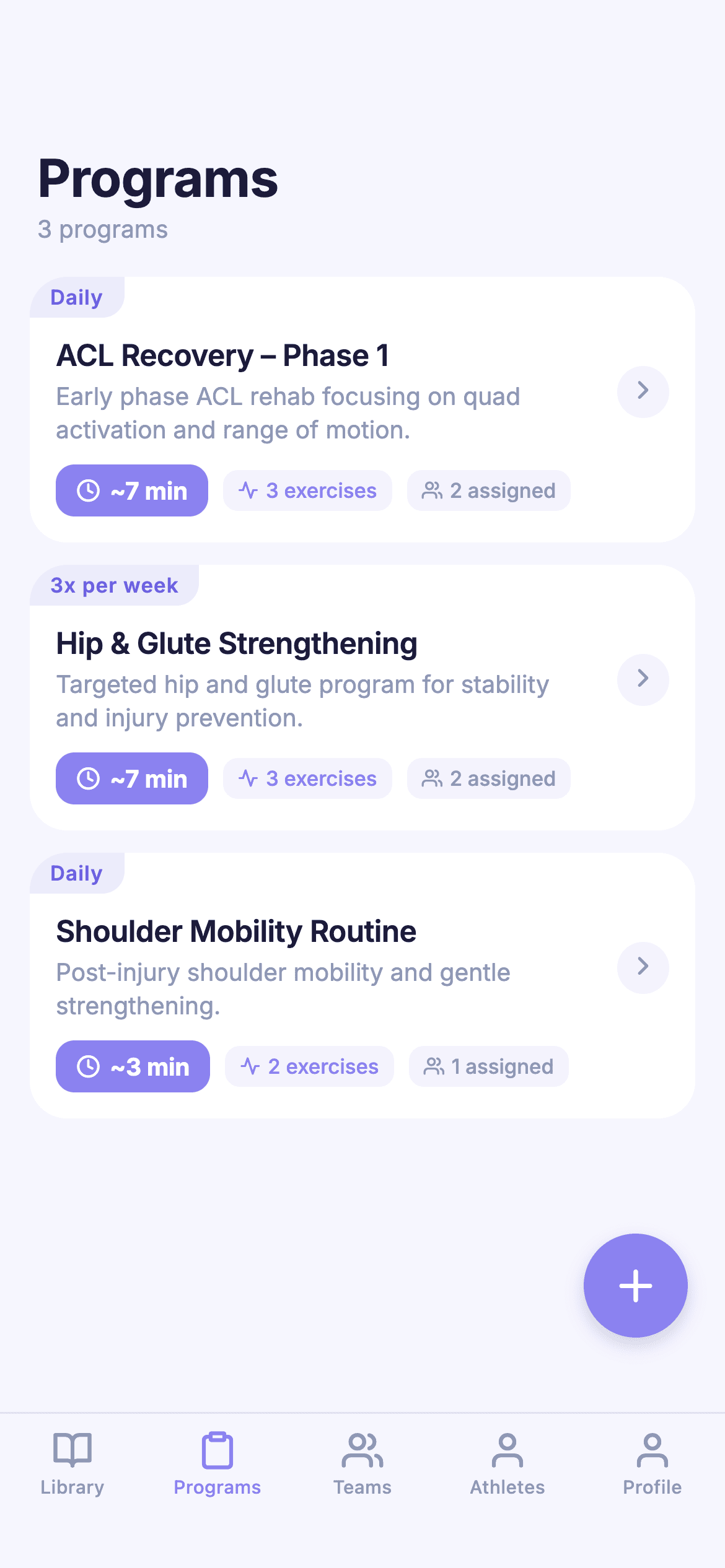 The Trainwell Athletic Trainer view listing an athlete's assigned programs